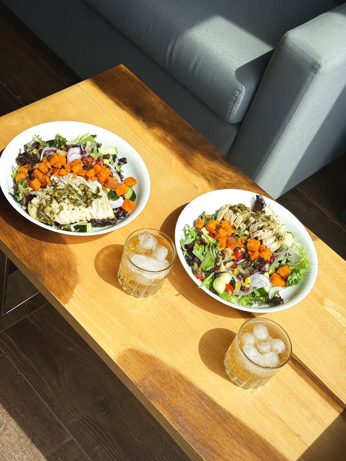 A fresh roasted vegetable salad by the window